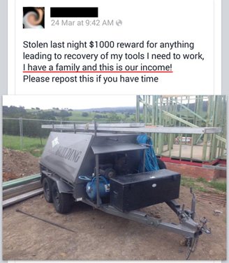 Social media post showing the hurt of stolen tools.